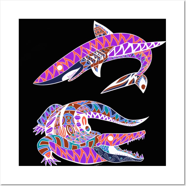 the shark and the crocodile in swamp florida aztec ecopop pattern Wall Art by jorge_lebeau